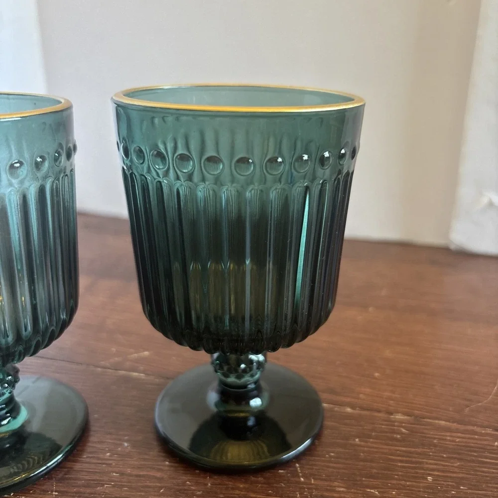 2 Green Glass Stemware Goblets Fluted Pattern Gold Rim 4.5